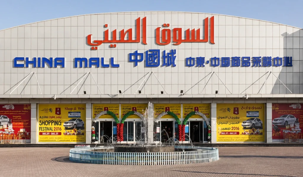 Ajman China Mall exterior view with entrance, fountain, and Chinese mall signage in Ajman, UAE.