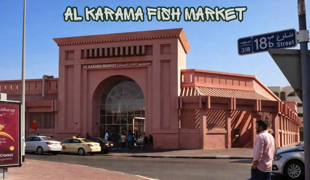 The main arched entrance of the Al Karama Market on 18 B Street, showing a salmon-pink building, parked cars, and pedestrians.