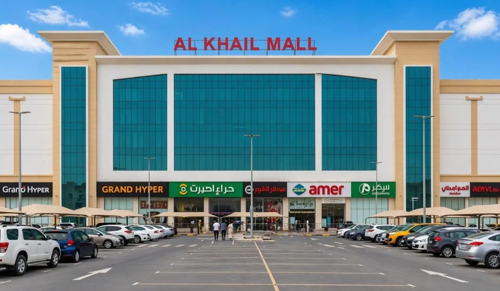 Al Khail Mall front view with parked cars, open entrance walkway, and a few people walking toward the mall doors.