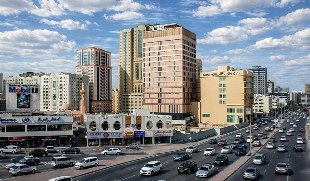 Modern high-rise apartment living and bustling main road commutes in the Al Nahda area of Dubai.