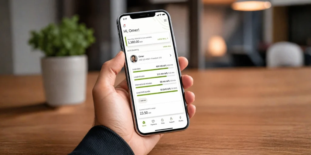Etisalat Quick Pay app screen on smartphone showing bill details, usage stats, and account dashboard for quick payments