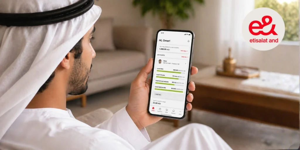 Young Arab man in traditional UAE dress holding smartphone with Etisalat Quick Pay app showing bill details and usage on screen