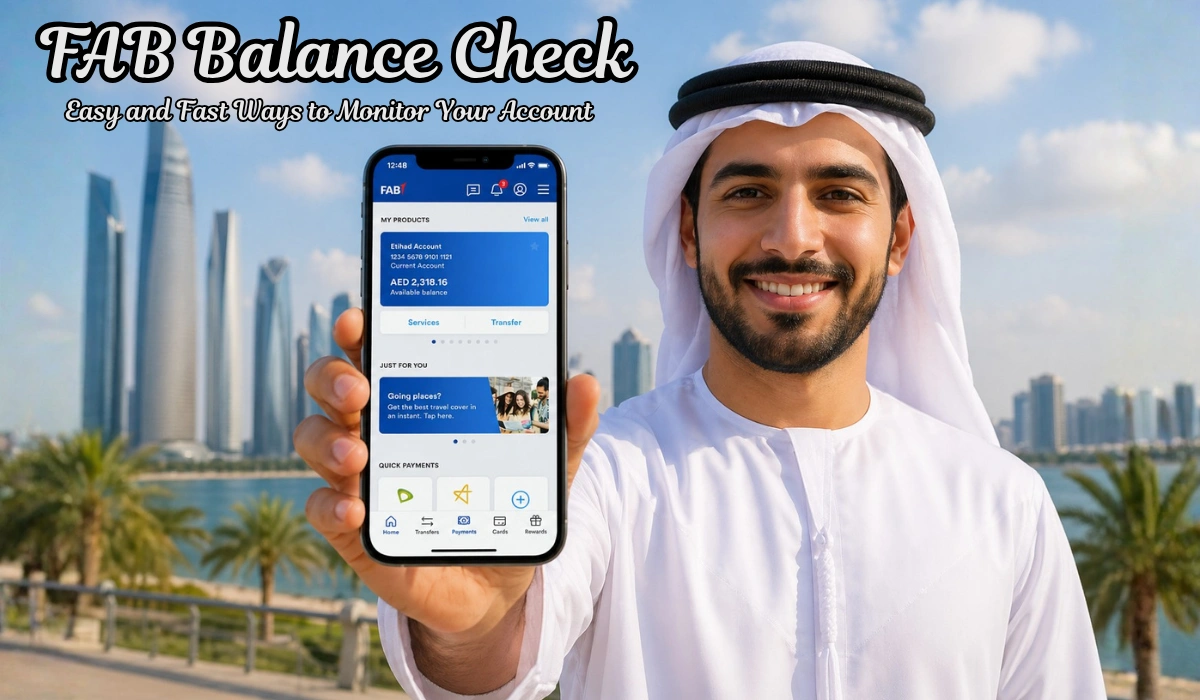 FAB balance check on mobile app with account screen, UAE user, and Dubai skyline showing easy online account monitoring