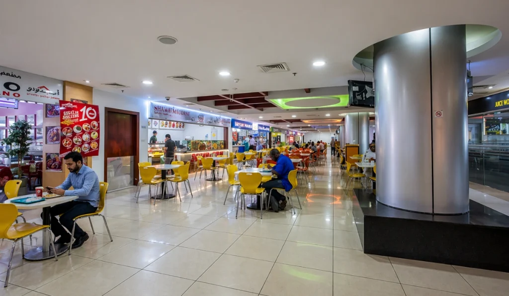 Mall food court interior with yellow chairs, dining tables, food stalls, bright lighting, and a man seated near the front.