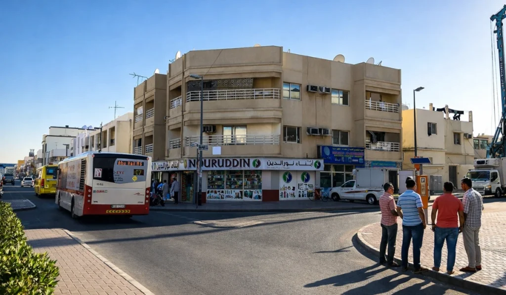 A sunny day at a street corner in Hor Al Anz with a white and red Dubai RTA bus driving past Nouruddin storefront and four men standing on the sidewalk.