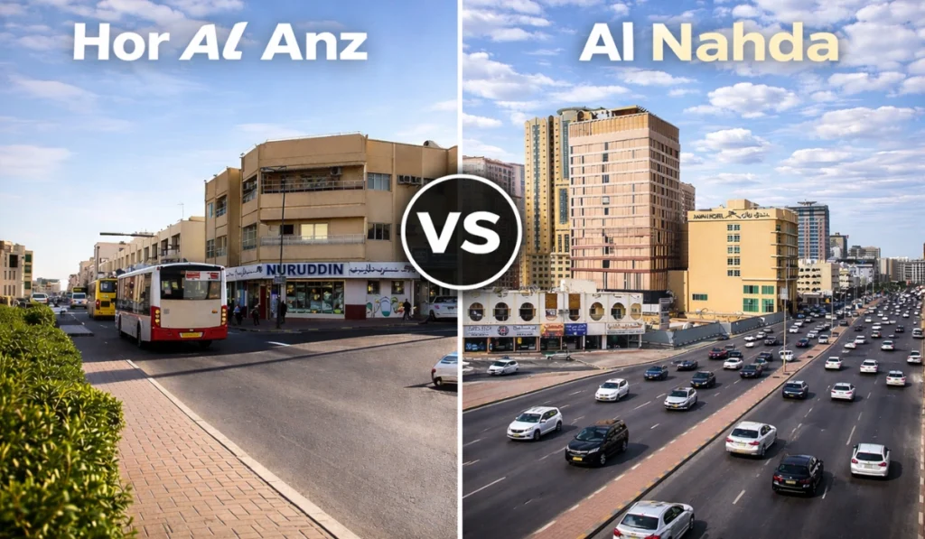 A visual comparison of street views and residential buildings in Hor Al Anz and Al Nahda, Dubai.