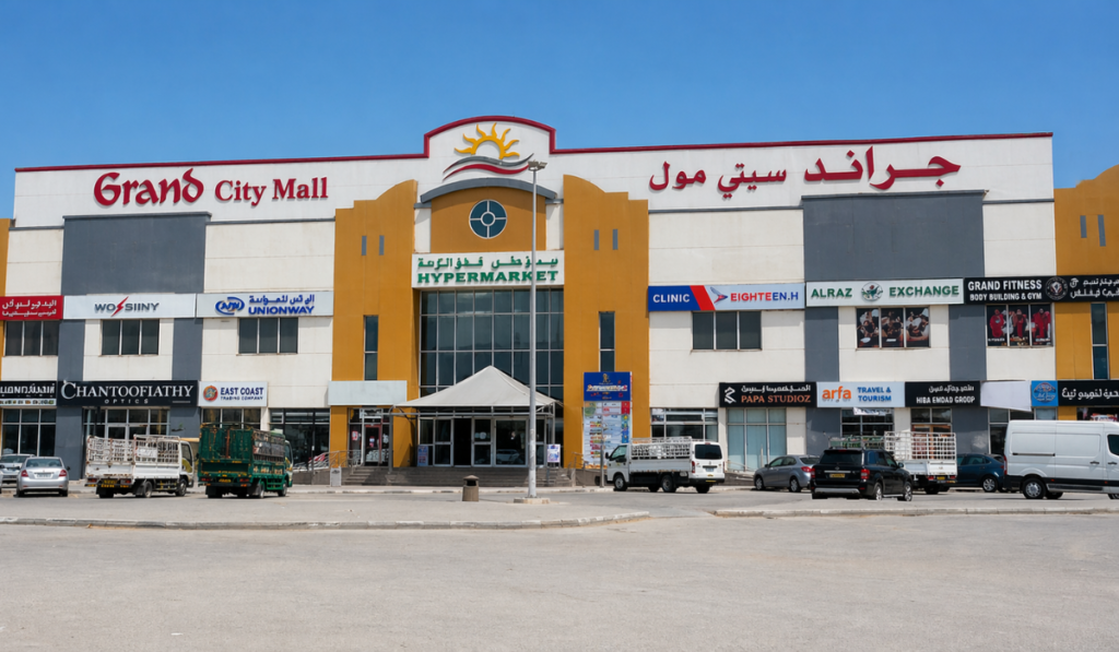 view of Grand City Mall with clear blue sky, parked trucks and cars, and shop signs in English and Arabic.