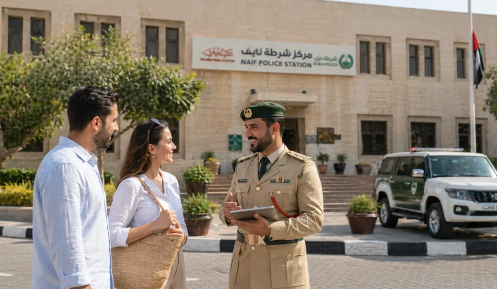Dubai police officer assisting visitors outside Naif Police Station, showing helpful public services and tourist support.