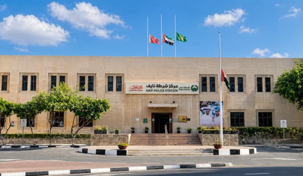 Naif Police Station Dubai exterior with UAE flags, beige building facade, clear blue sky, trees, and clean roadside view.