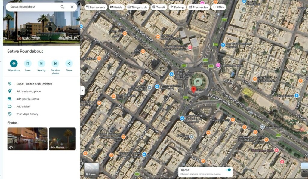 Google Maps screenshot showing Located in Dubai's Al Satwa district, it is a major traffic circle connecting key roads near Sheikh Zayed Rd.