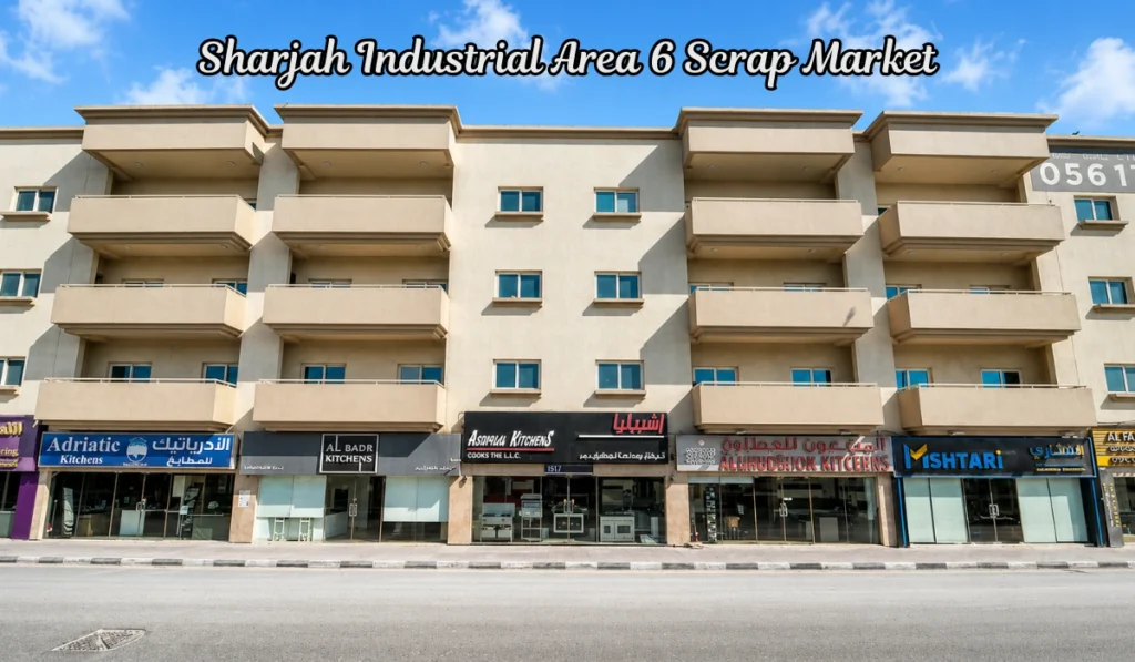 Sharjah Industrial Area 6 commercial building near scrap market shops under a bright blue sky.