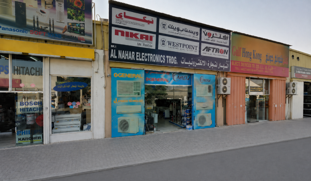 Sharjah Industrial Area 6 Scrap Market storefronts with electronics shops and a clean roadside view.