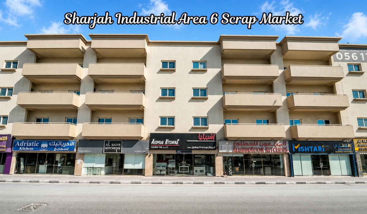Sharjah Industrial Area 6 commercial building near scrap market shops under a bright blue sky.