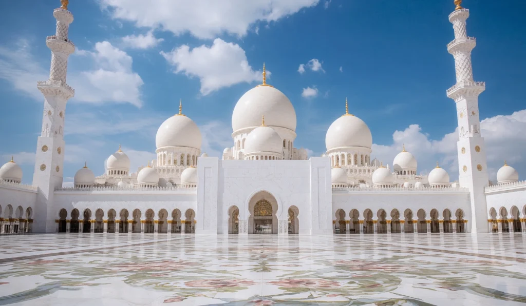 Sheikh Zayed Grand Mosque in Abu Dhabi with white domes, tall minarets, and a floral courtyard under a blue sky