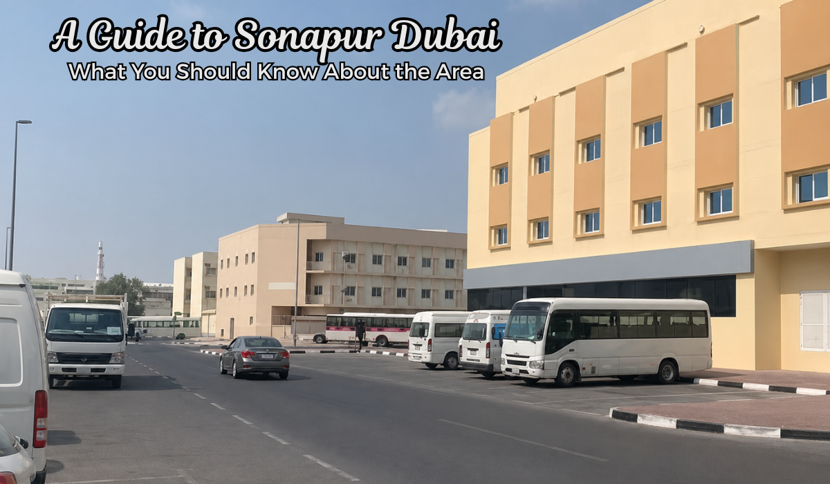 Quiet Sonapur Dubai street with beige buildings, parked buses, and one car driving on a clean road.