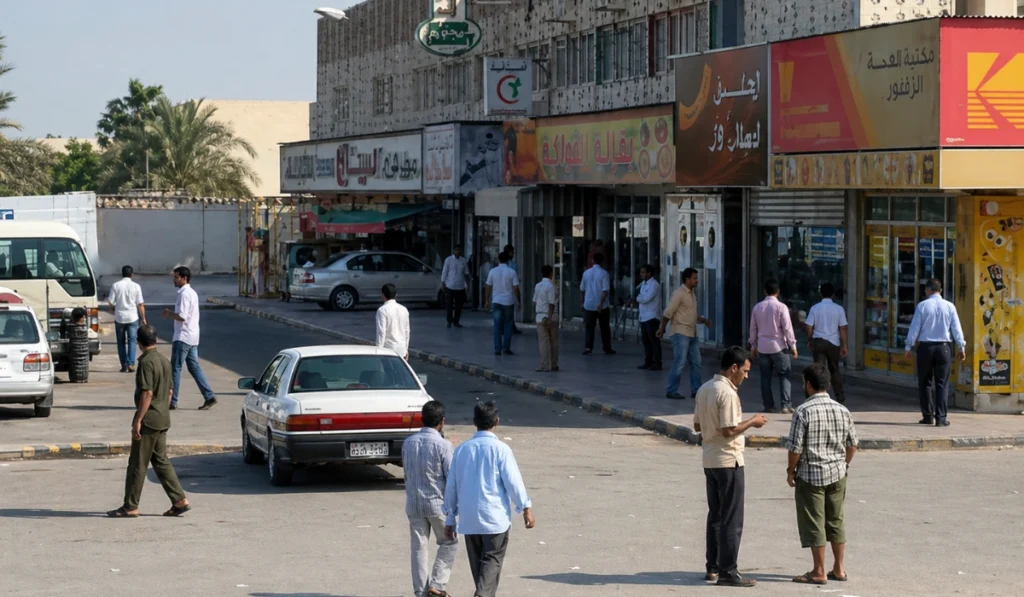 Sonapur Dubai street scene with fewer pedestrians, shops with Arabic signs, parked cars, and people standing in daylight.