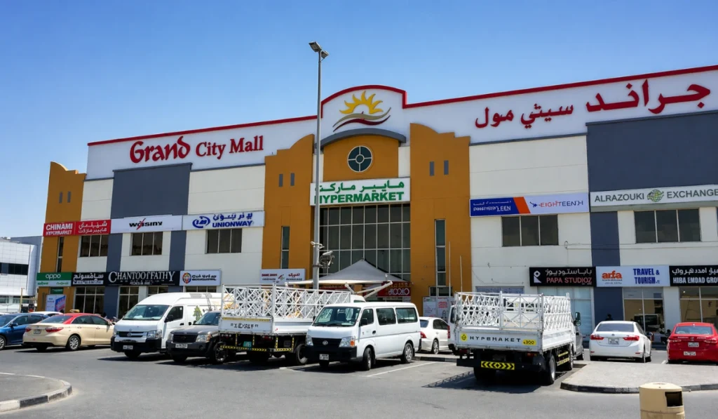 daytime photo of Grand City Mall with a clear blue sky, parked vehicles in front, and no pedestrians visible.