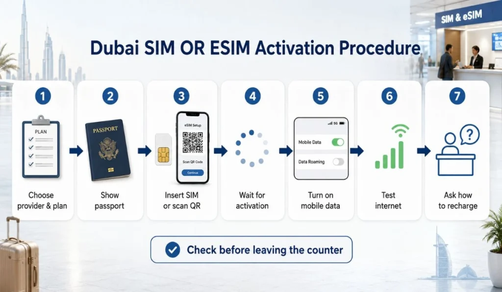 Dubai SIM and eSIM activation procedure infographic showing passport verification, QR setup, mobile data, internet test, and recharge help.