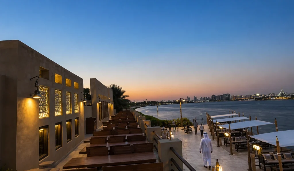 Al Boom Tourist Village activities with evening waterfront dining, Arabic visitor, creek views, and illuminated promenade