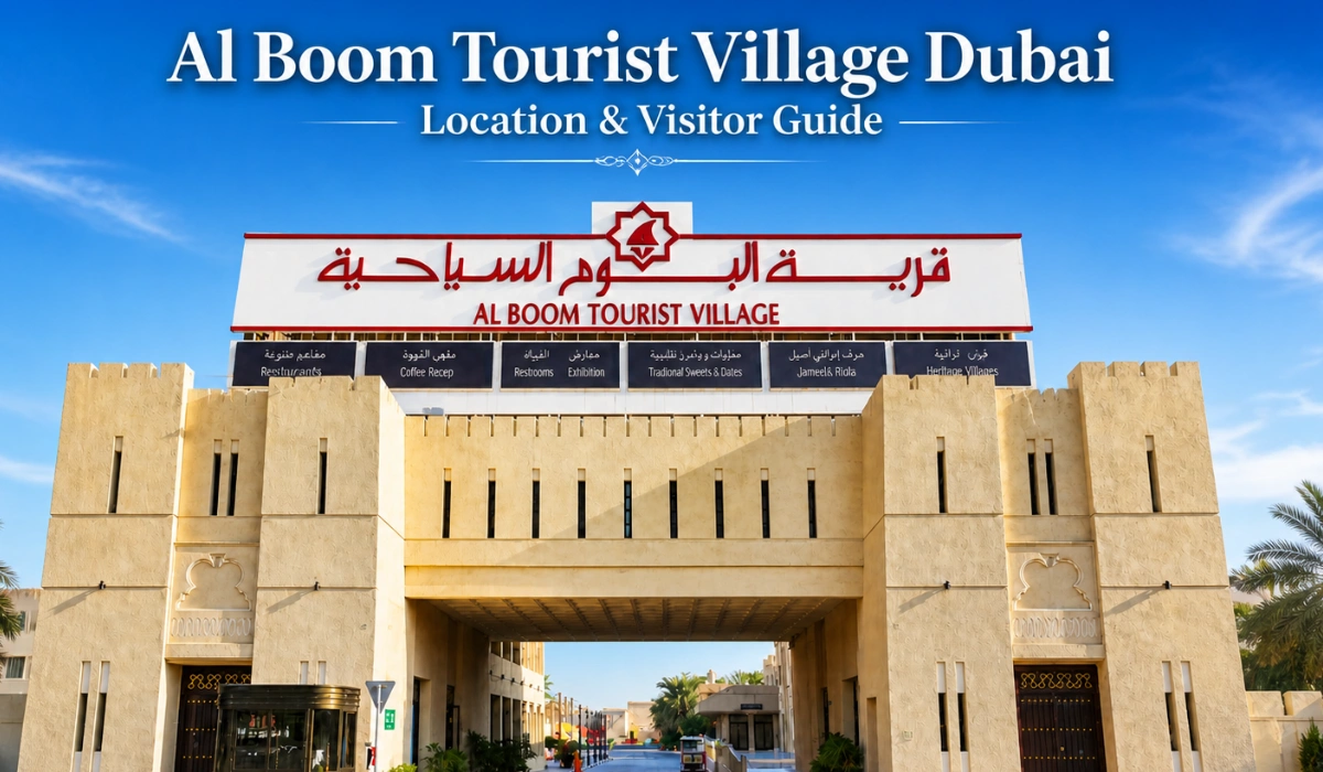 Al Boom Tourist Village Dubai entrance gate with stylish title text for location and visitor guide article
