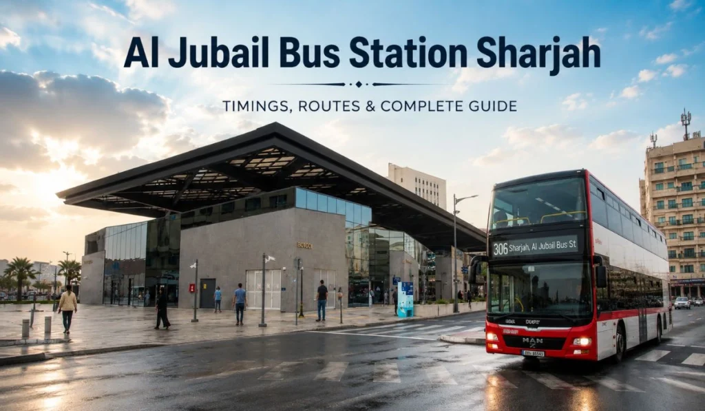 Al Jubail Bus Station Sharjah with city bus, station building, and route guide banner during daytime