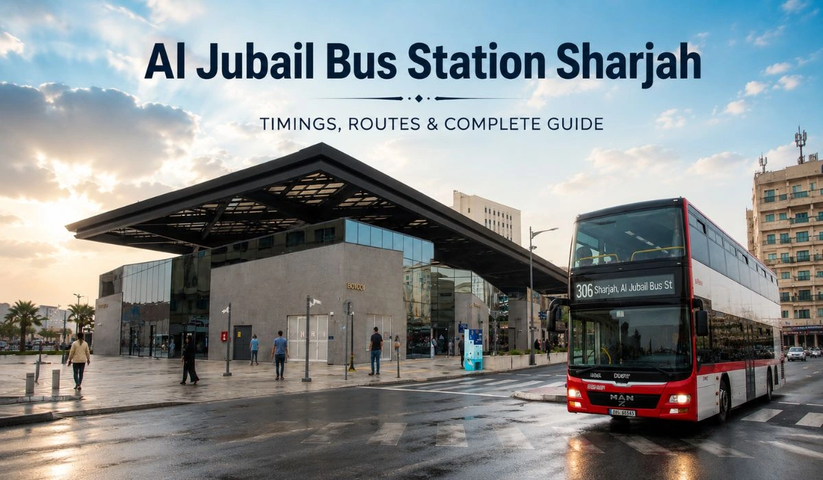 Al Jubail Bus Station Sharjah with city bus, station building, and route guide banner during daytime
