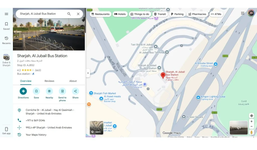 A screnshot of google maps showing Al Jubail Bus Station Sharjah Location