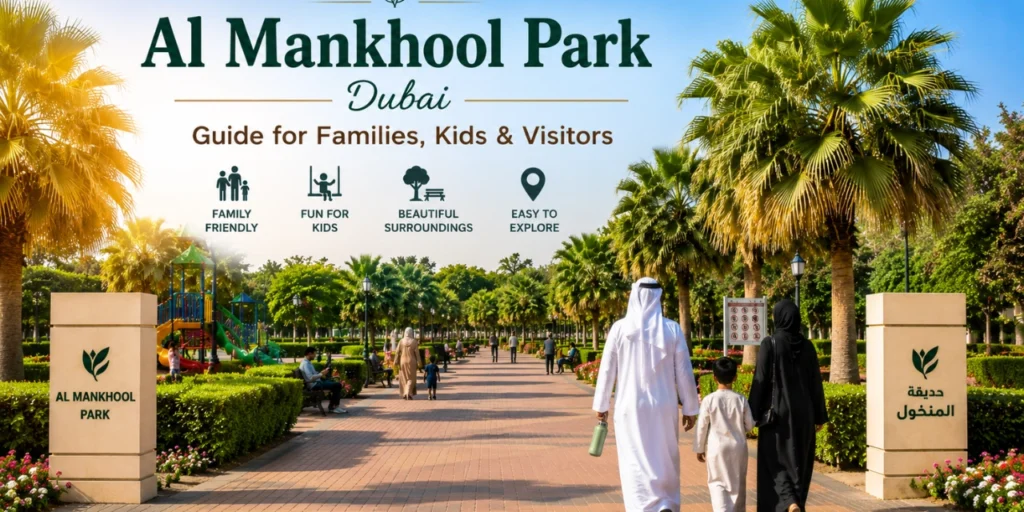 Feature image of Al Mankhool Park Dubai with family-friendly walking paths, palm trees and park guide text