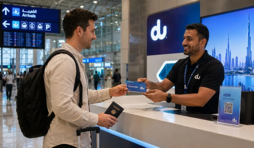 Tourist buying a Dubai SIM card at an airport telecom counter while holding a passport.