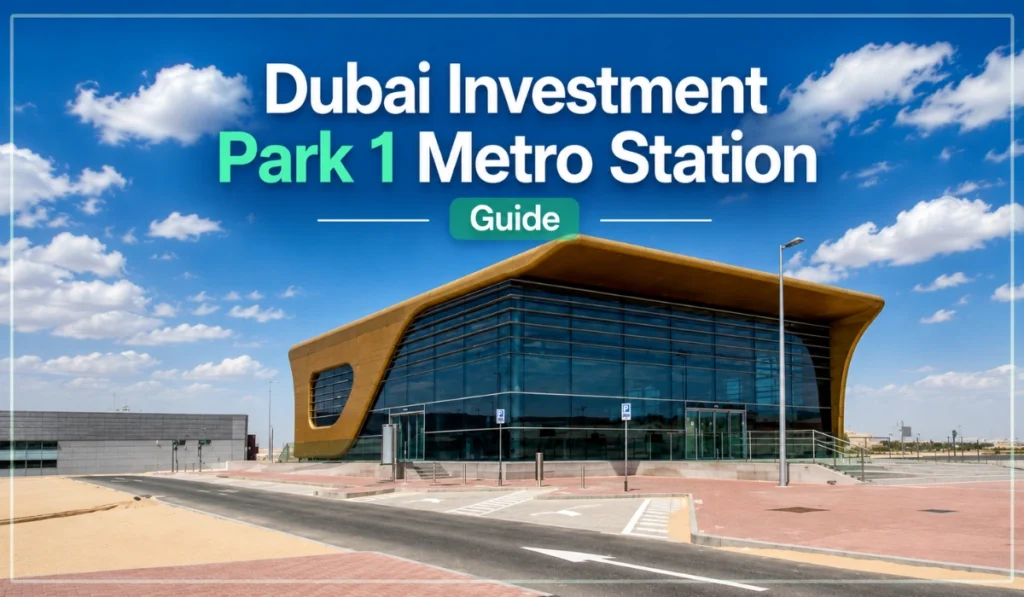 Dubai Investment Park 1 Metro Station exterior with modern architecture and guide banner under blue sky