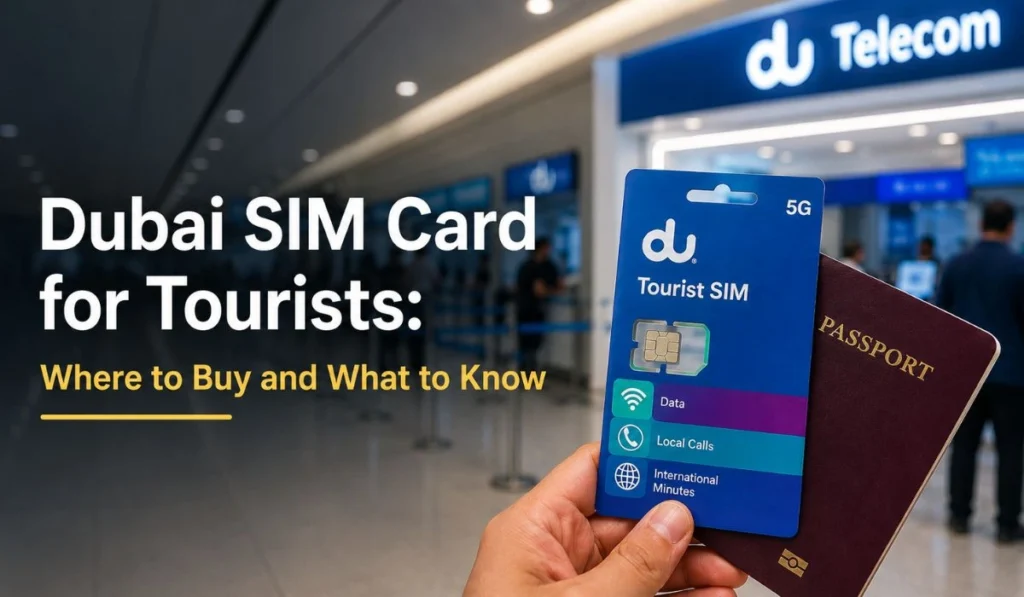Dubai SIM card for tourists main image showing a tourist SIM, passport, and airport telecom counter with the title “Where to Buy and What to Know.”
