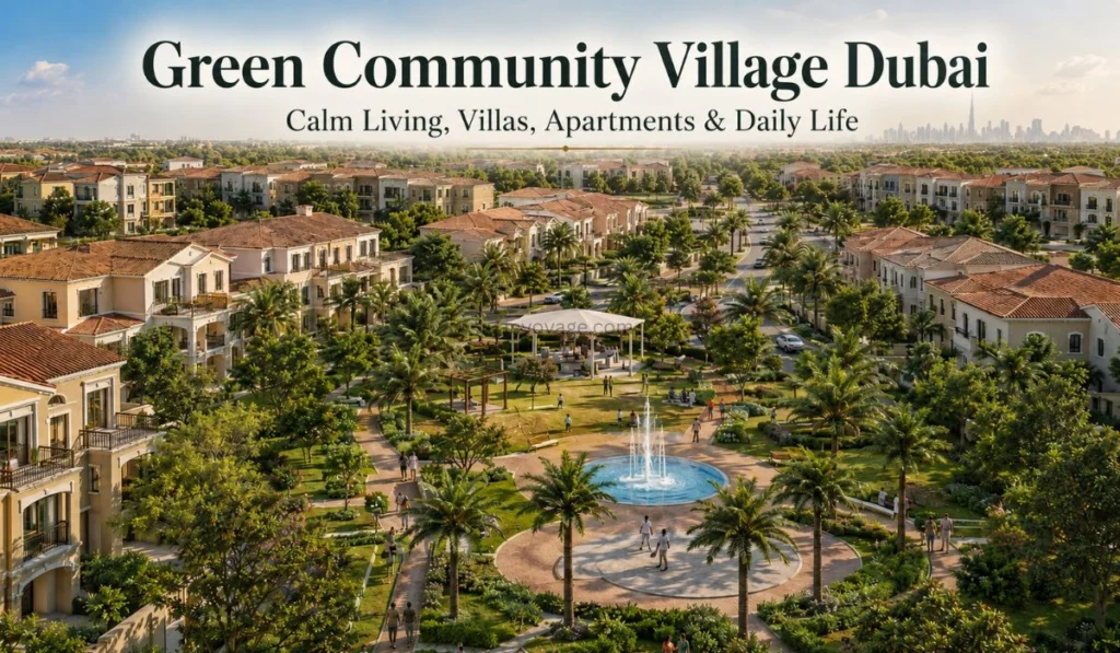 Green Community Village Dubai showing calm residential living with villas, apartments, greenery, and daily life