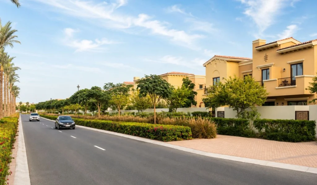 Green Community Village Dubai road with villas, palm trees, landscaped greenery, and two cars