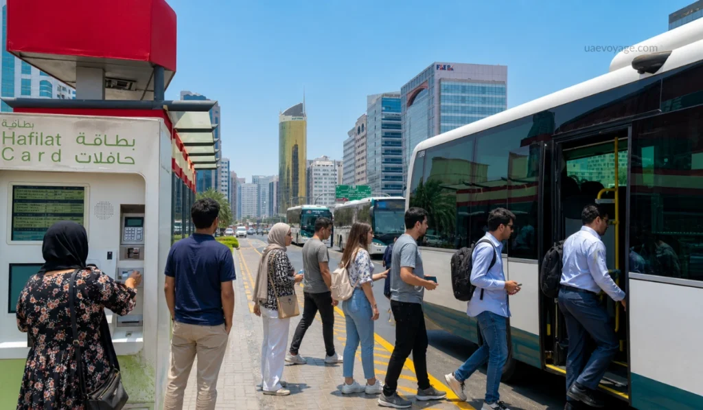 Passengers boarding a city bus at a Hafilat card station in a modern urban transit area under bright daylight.