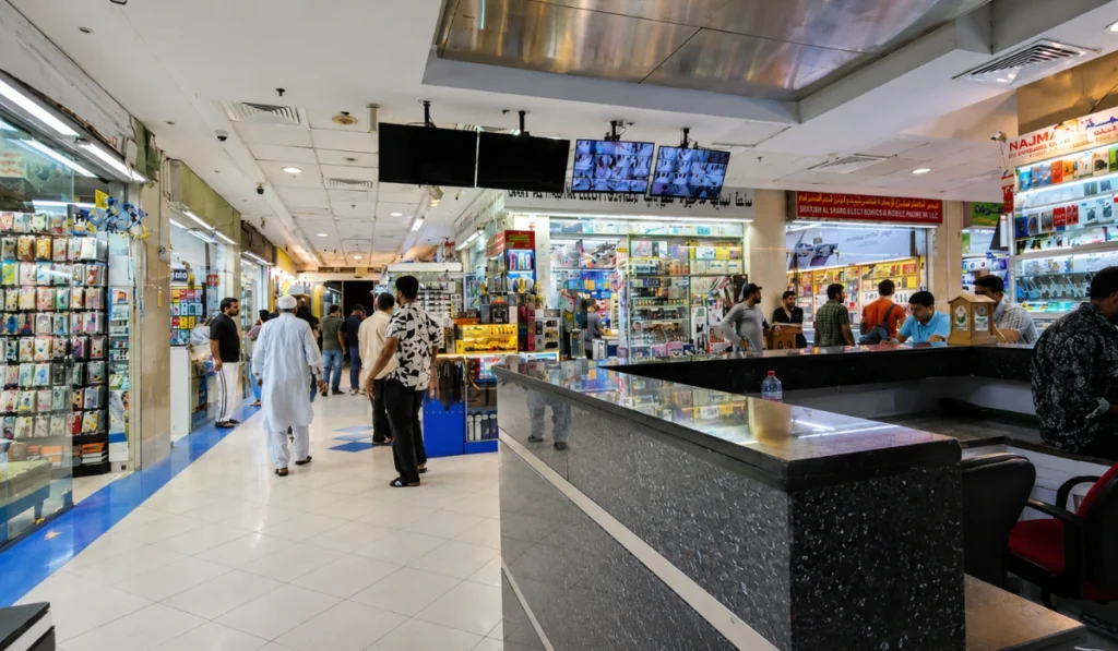 Inside Rolla Mall shopping area with electronics stores and budget-friendly shops in Sharjah