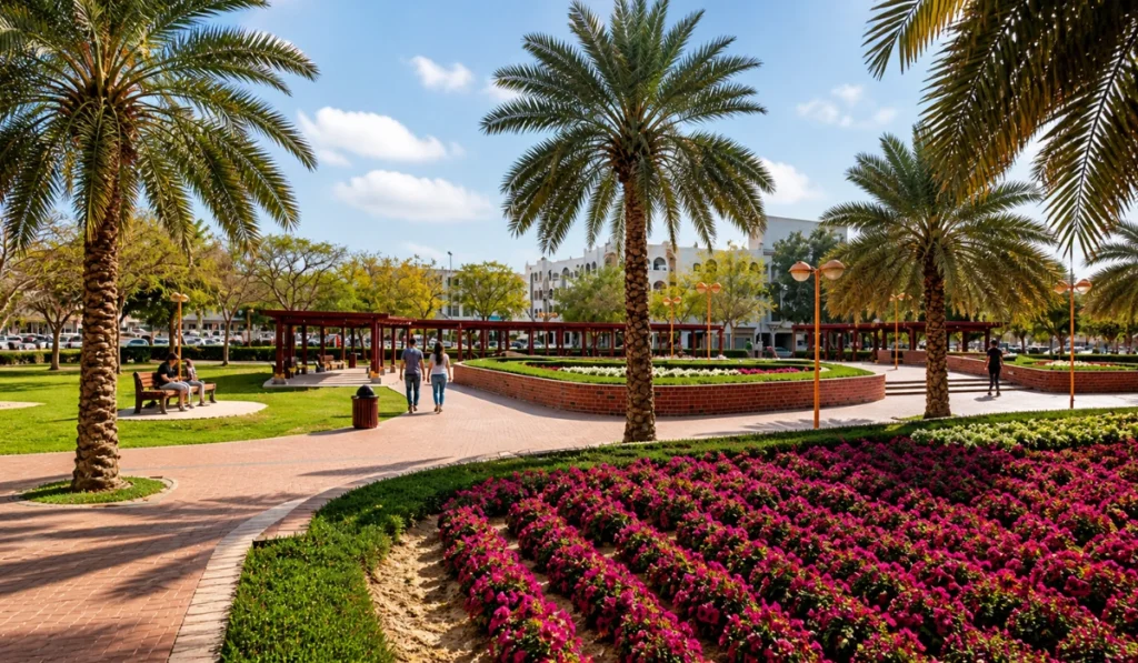 Inside Karama Park Dubai with palm trees, colorful flower beds, walking paths, and visitors enjoying the garden