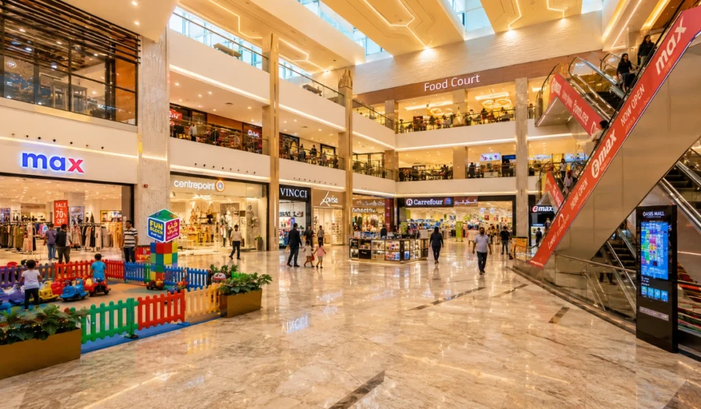 Oasis Mall Sharjah stores and shopping area with Max, Centrepoint, Carrefour, escalators, and family play zone