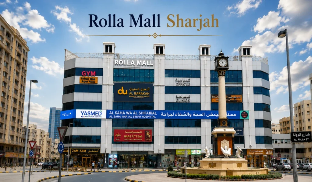 Rolla Mall Sharjah exterior with shopping center, roundabout clock tower, and guide banner about shops, location, and tips