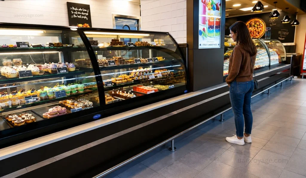 Safari Mall Sharjah food court restaurant display with pastries, desserts and a customer looking at food inside the glass counter.