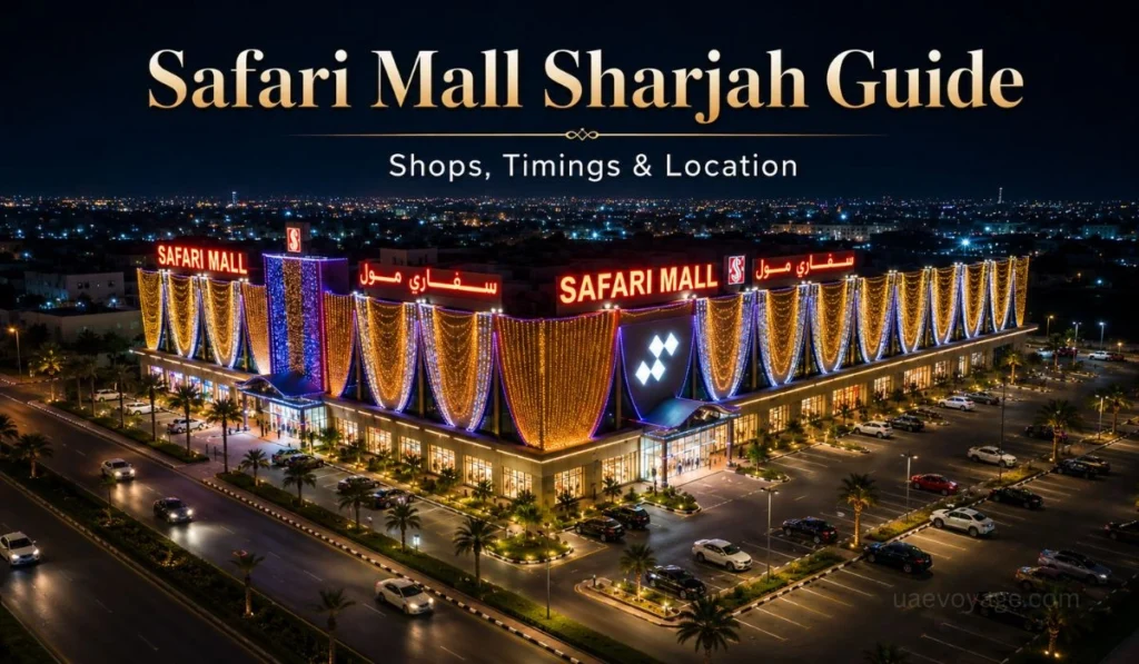 Safari Mall Sharjah night view with bright mall lights, parking area and guide title for shops, timings and location.