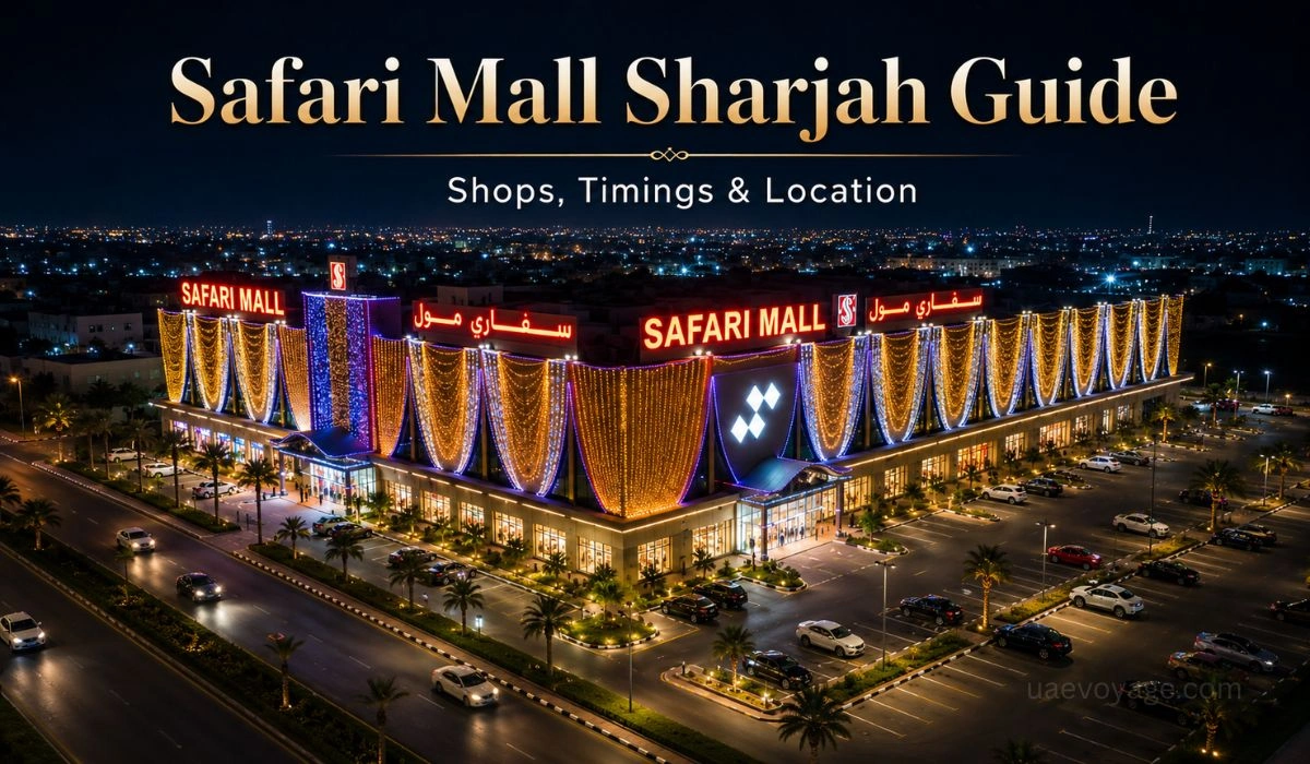 Safari Mall Sharjah night view with bright mall lights, parking area and guide title for shops, timings and location.