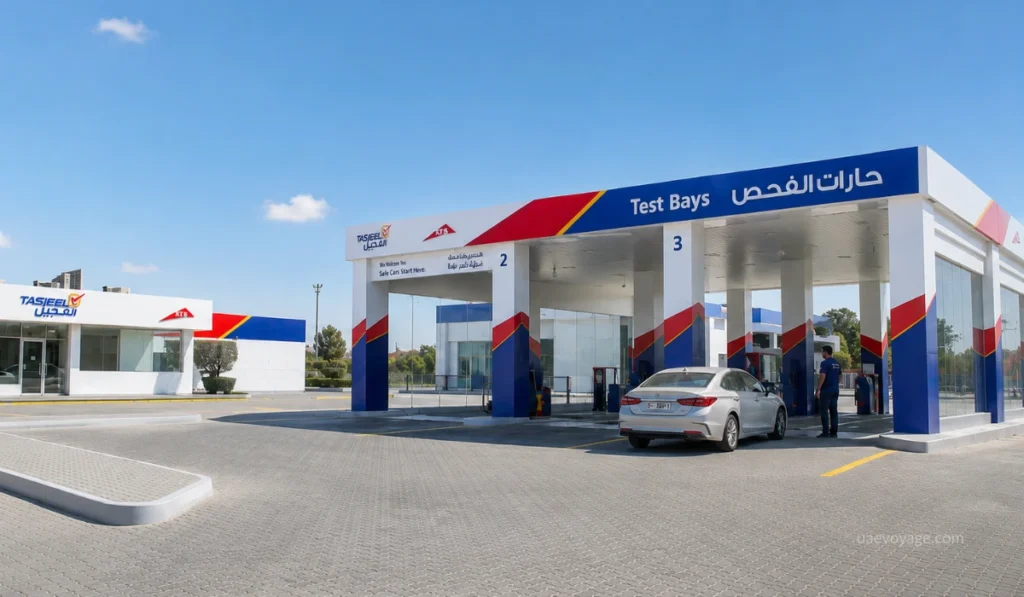 Tasjeel test bays vehicle inspection facility with a clean paved forecourt, white sedan, staff member, and blue sky with small clouds.
