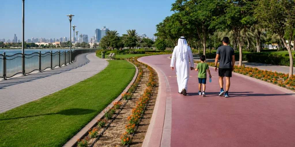 Two men and a child walking along the waterfront pathway at Al Mankhool Park, Dubai