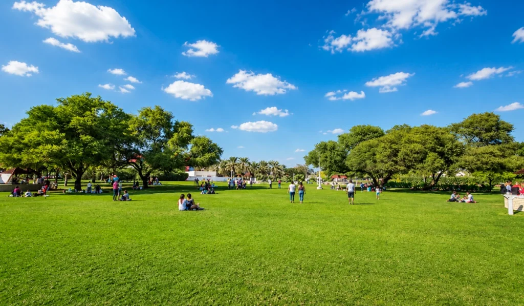Visitors relaxing on open green lawns at Karama Park Dubai, with shady trees, blue skies, and family-friendly vibes