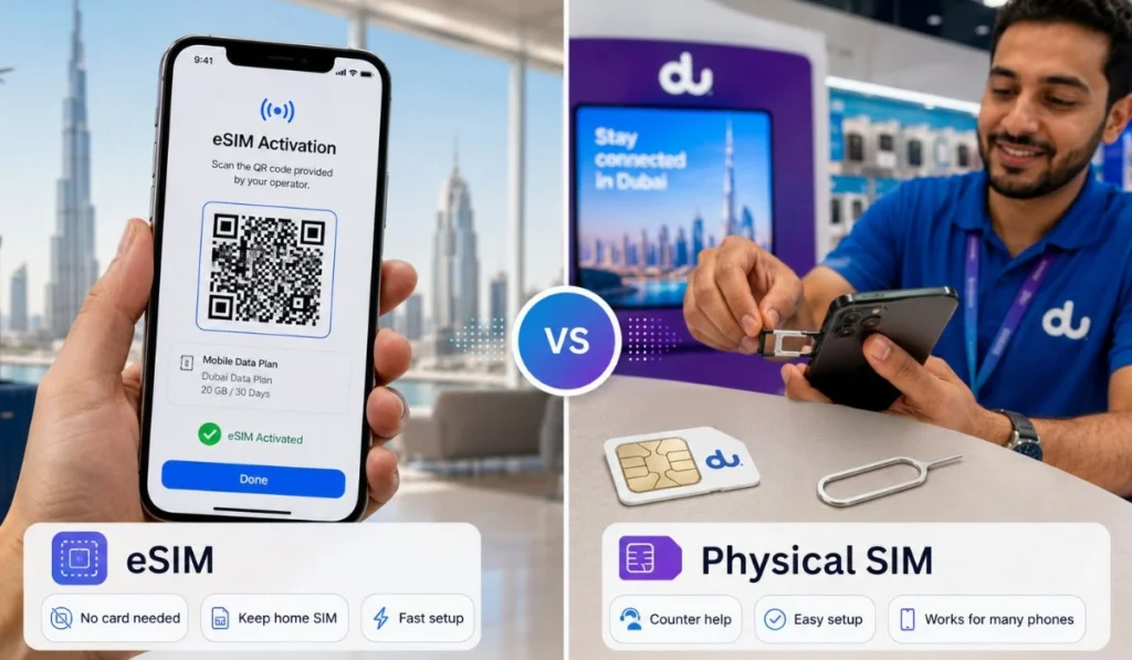 eSIM vs physical SIM comparison showing Dubai mobile data setup, QR activation, and SIM card help at a telecom counter.
