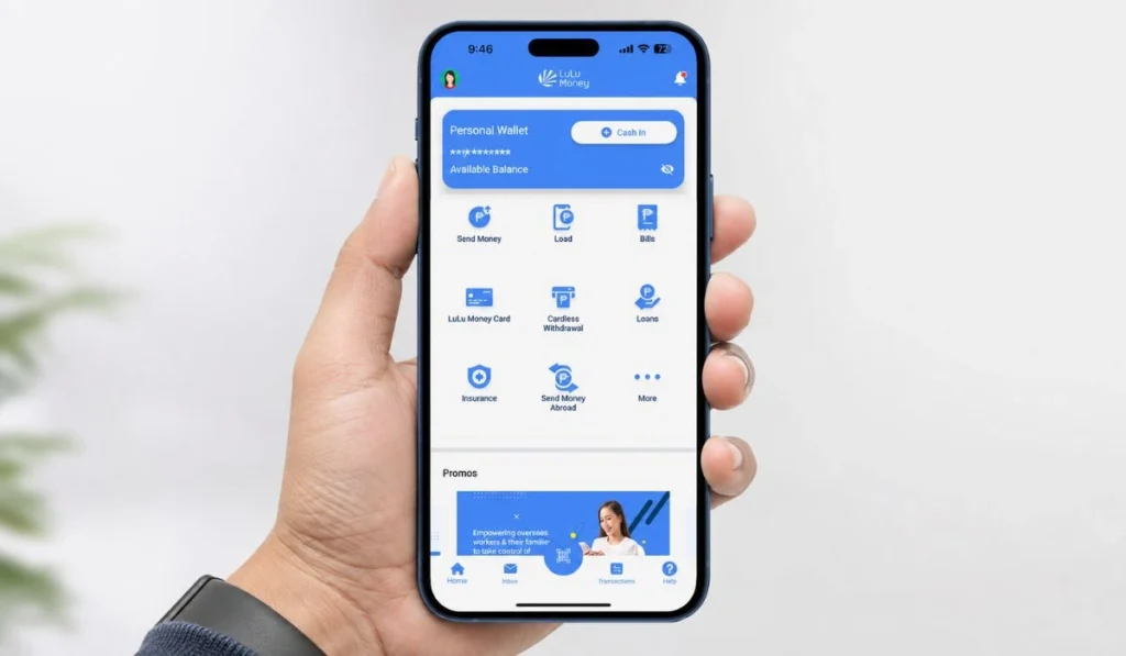Lulu Money app balance check screen on smartphone held in hand