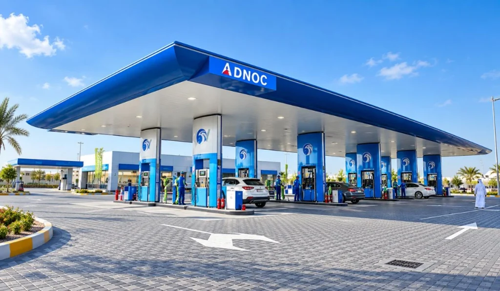 ADNOC service station in UAE with fuel pumps, cars, and modern petrol station canopy